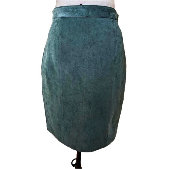 Vintage 90s Suede Hi-Waist Green Pencil / Bodycon Miniskirt Fully Lined, Sz 6 - Picture 1 of 6
